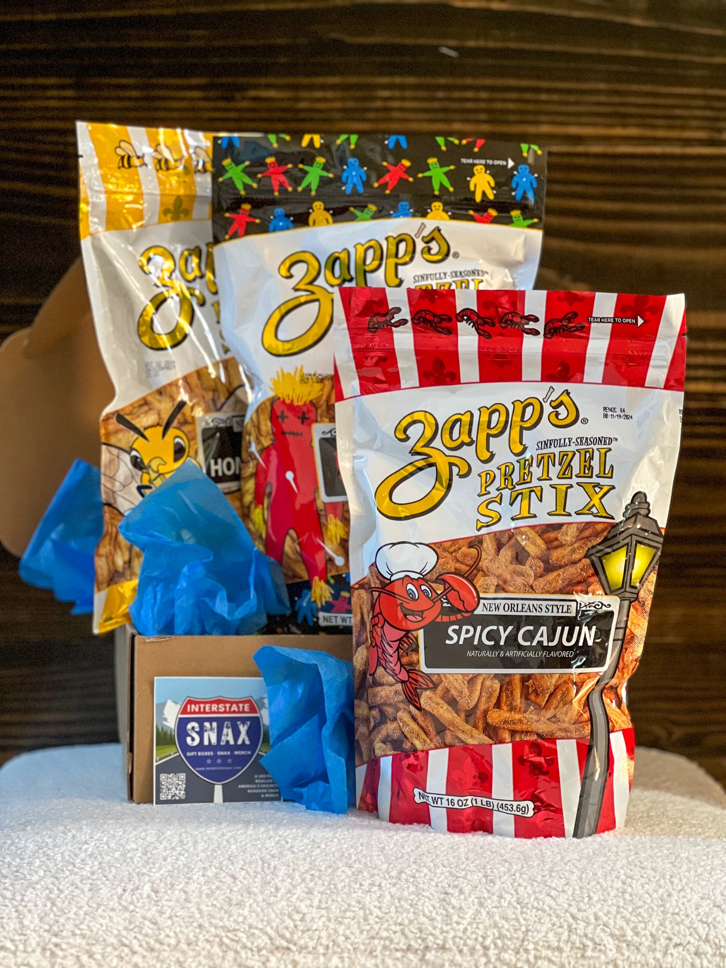 Zapp's New Orleans Pretzel Stix Snack Box; Gift Box, Voo Doo, Cajun, Honey Mustard, Cinnamon Sugar