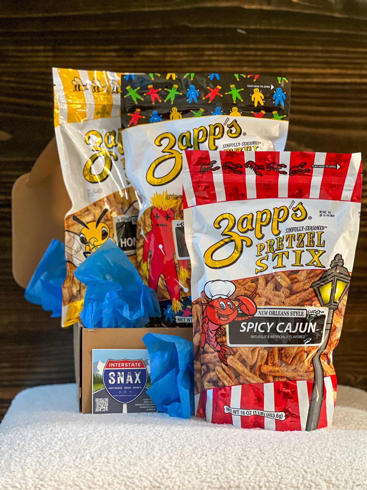 Zapp's New Orleans Pretzel Stix Snack Box; Gift Box, Voo Doo, Cajun, Honey Mustard, Cinnamon Sugar