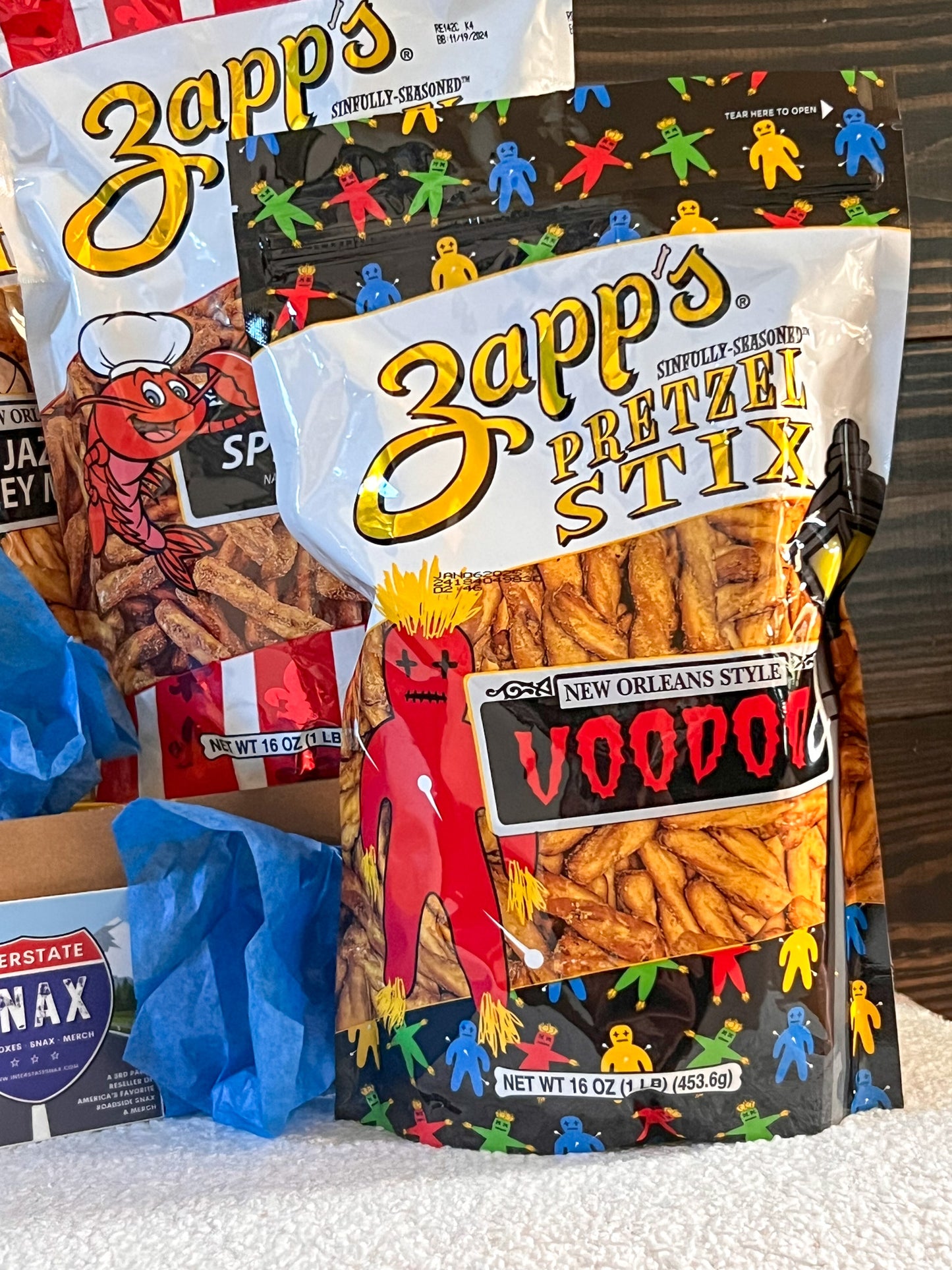 Zapp's New Orleans Pretzel Stix Snack Box; Gift Box, Voo Doo, Cajun, Honey Mustard, Cinnamon Sugar