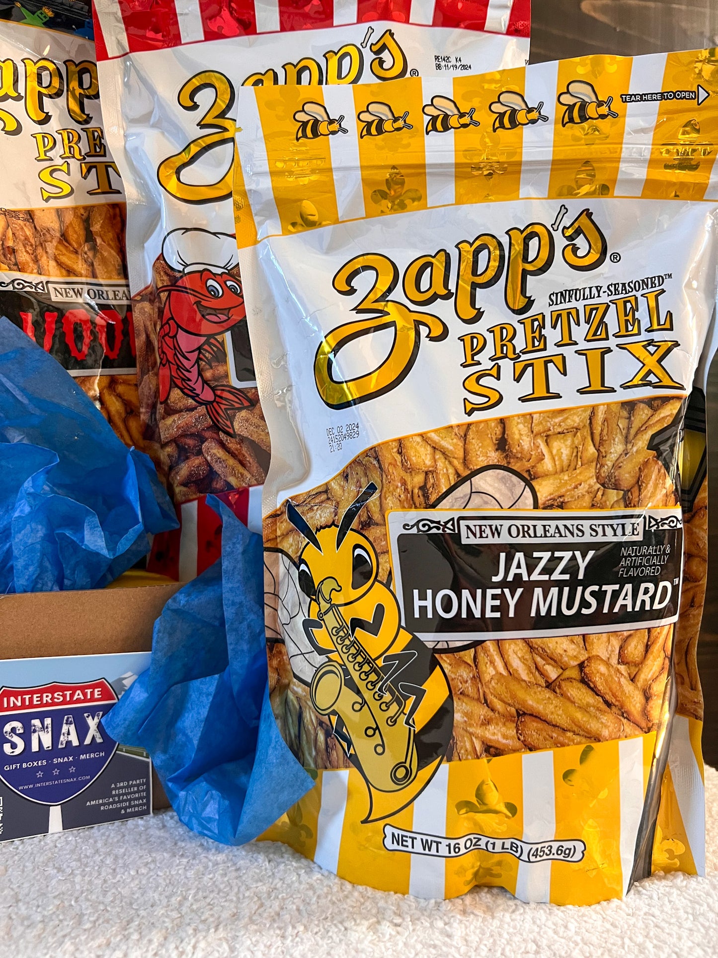 Zapp's New Orleans Pretzel Stix Snack Box; Gift Box, Voo Doo, Cajun, Honey Mustard, Cinnamon Sugar